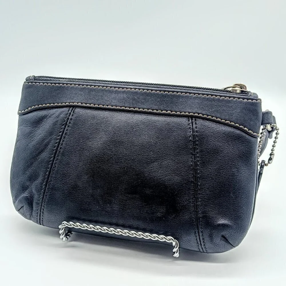 Vintage Coach Blue Black Pleated Leather Wristlet